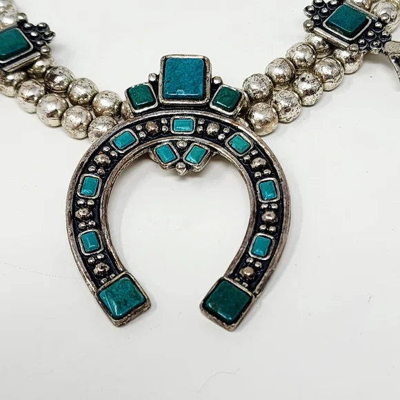 Vintage Sancrest Southwestern Squash Blossom Necklace – Turquoise & Silver Tone - Picture 6 of 16